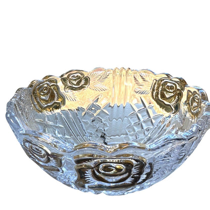 Vintage Embossed Crystal Bowl w Gold Rose Detail - Scalloped Edge Retro Decor