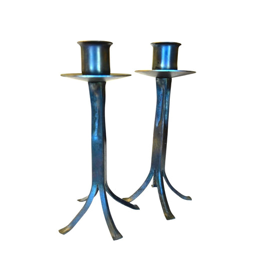 Bronze Candlesticks Claw Footed w Dark Iridescent Patina in Primitive Style