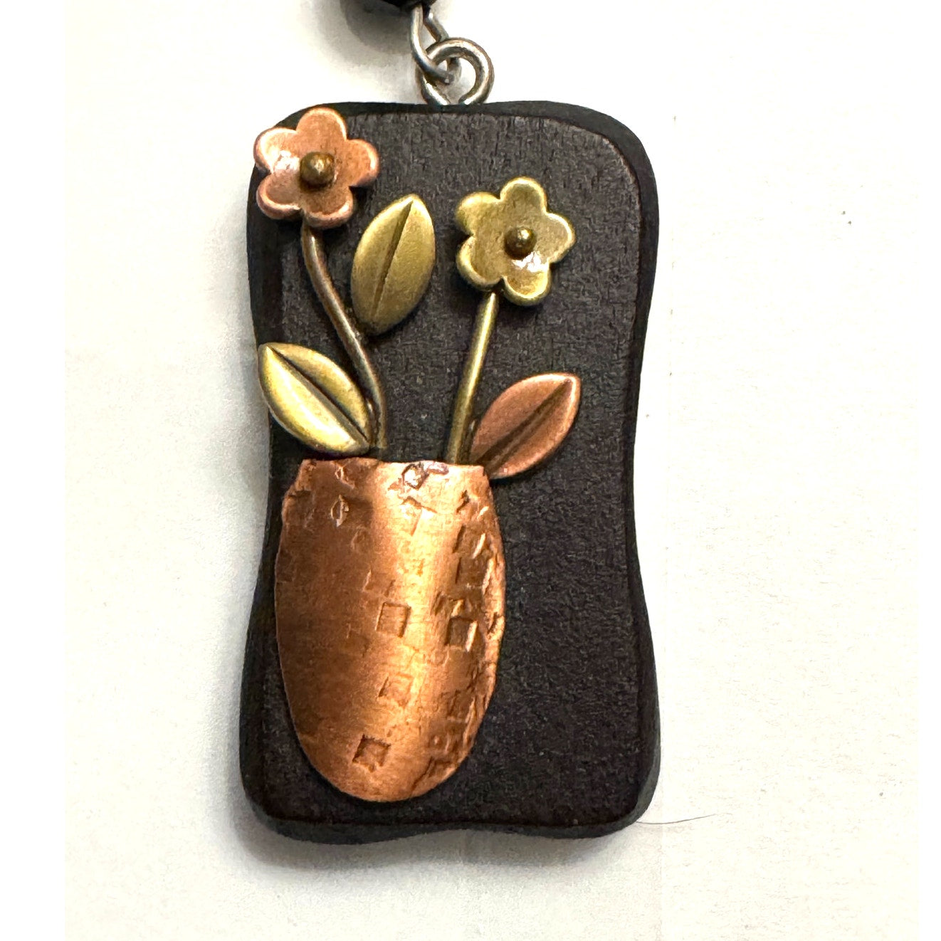 Handcrafted Metal Floral Charm Pendant - Copper Vase & Flowers on Black Pendant