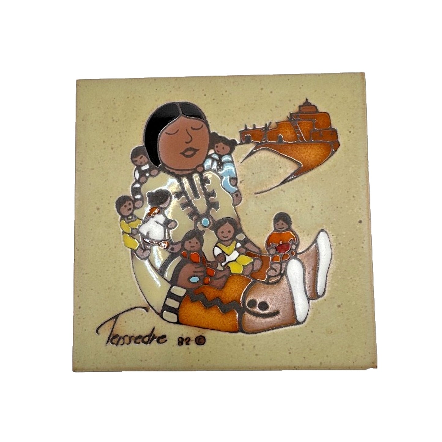 VTG 1984 Cleo Teissedre Hand Painted Ceramic Art Tile 6" x 6" , Storyteller Doll