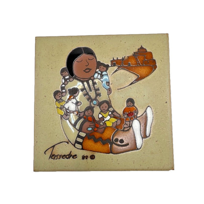 VTG 1984 Cleo Teissedre Hand Painted Ceramic Art Tile 6" x 6" , Storyteller Doll