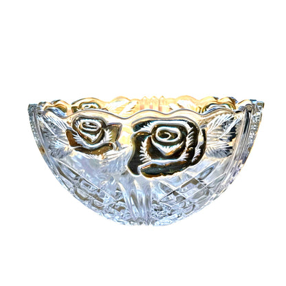 Vintage Embossed Crystal Bowl w Gold Rose Detail - Scalloped Edge Retro Decor