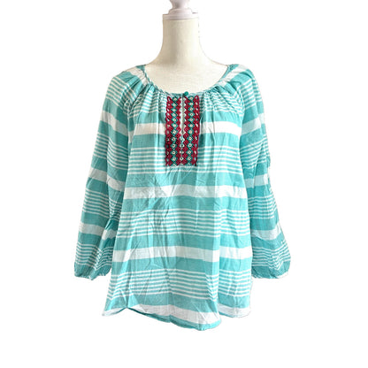 Talbots Tunic Top 100% Cotton Womens Size X Aqua White Stripe Beaded Summer UC