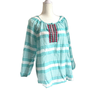 Talbots Tunic Top 100% Cotton Womens Size X Aqua White Stripe Beaded Summer UC