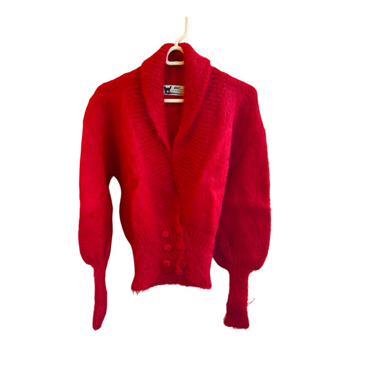 Vintage 1980s Woof Hand-Knitted Red Cardigan Sweater - Mohair and Merino - NWOT