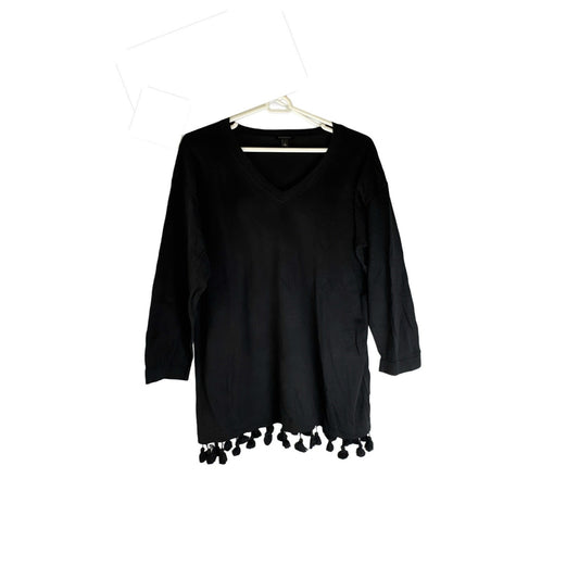 Talbots Black V-Neck Tunic Top Women’s Large 3/4 Sleeve Tassel Trim Hem
