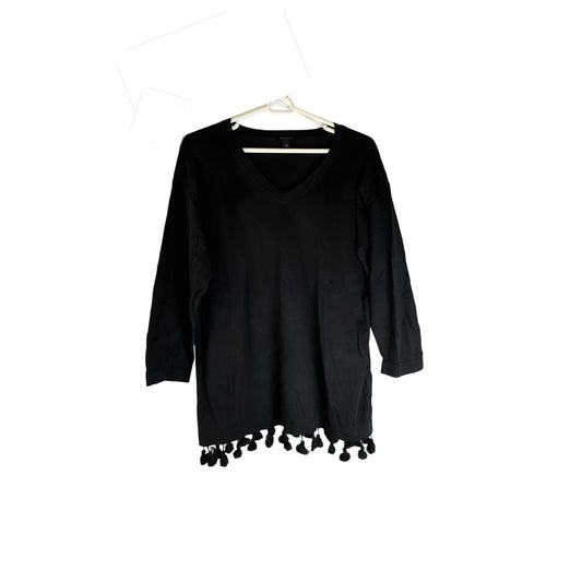 Talbots Women’s Black V-Neck Tunic Top - Large, 3/4 Sleeves, Tassel Hem