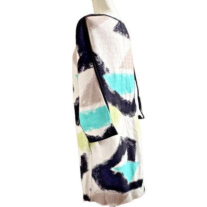 Nic+Zoe Long Open Front Cardigan Womens Size L Arty Black White Green 3/4 Sleeve