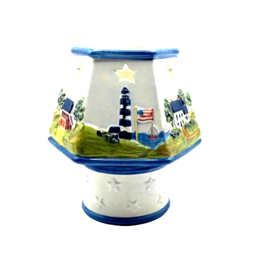 Coastal Lighthouse Ceramic Candle Holder with Cutout Stars – Nautical Decor