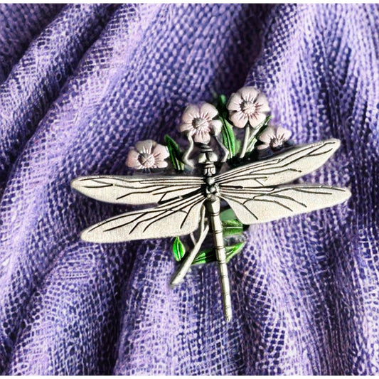 Vintage Jewelry - Dragonfly Brooch Pin in Pewter and Enamel - 1980's JJ Jonette