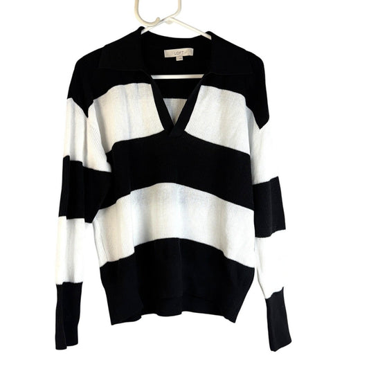 Loft Women’s Sweater L Black White Striped Pullover Long Sleeve Collar
