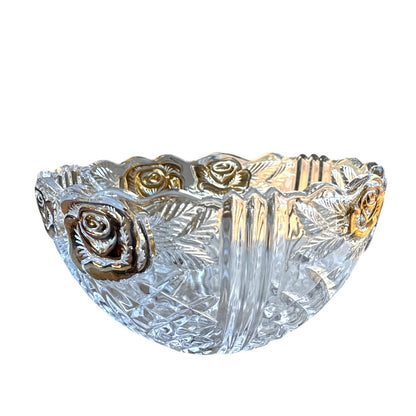 Vintage Embossed Crystal Bowl w Gold Rose Detail - Scalloped Edge Retro Decor