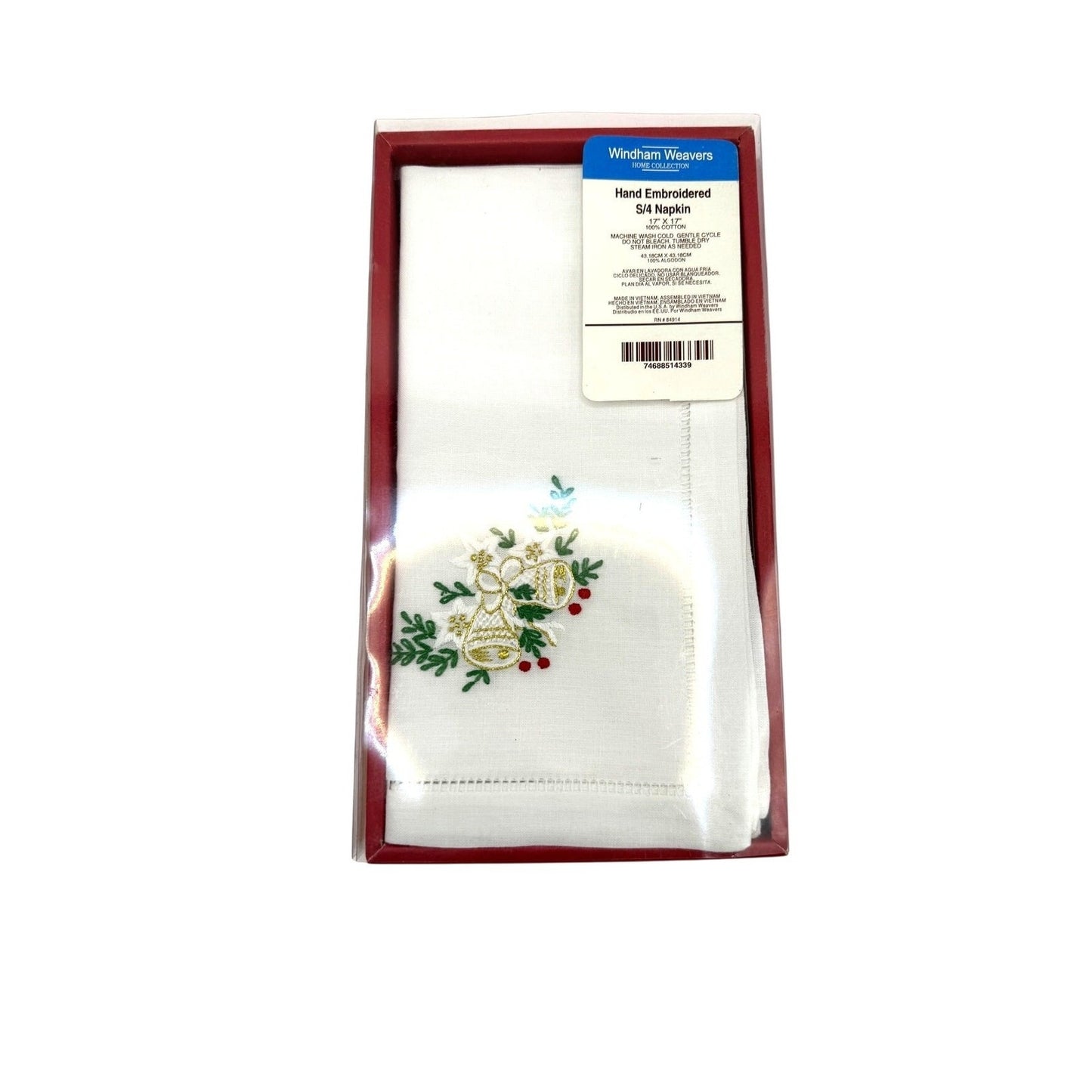 Vintage Windham Weavers Hand Embroidered Napkins - Set of 4 Bells and Holly