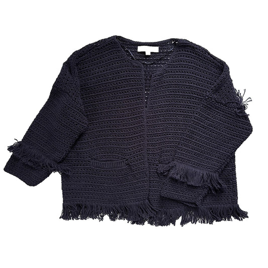 Ann Taylor LOFT Cardigan Sweater Top Womens L Navy Blue Knit Fringe Open Front