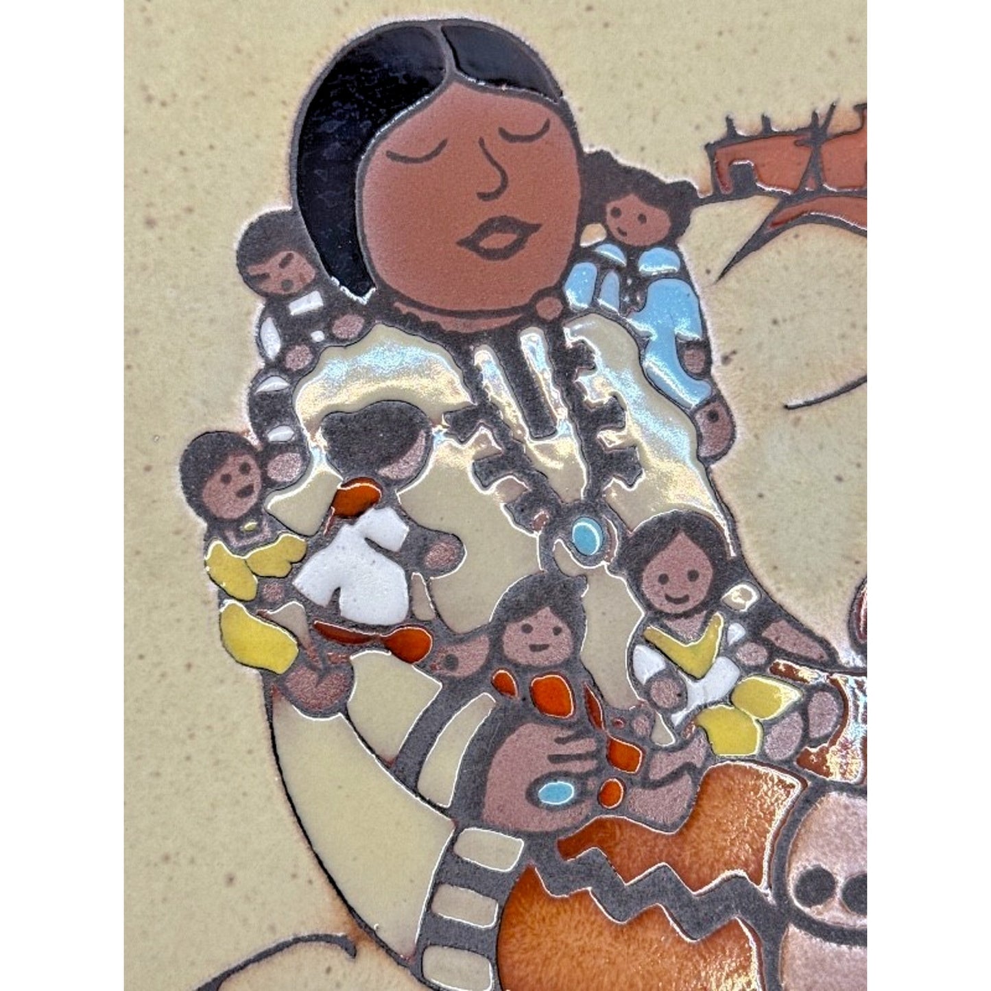 VTG 1984 Cleo Teissedre Hand Painted Ceramic Art Tile 6" x 6" , Storyteller Doll