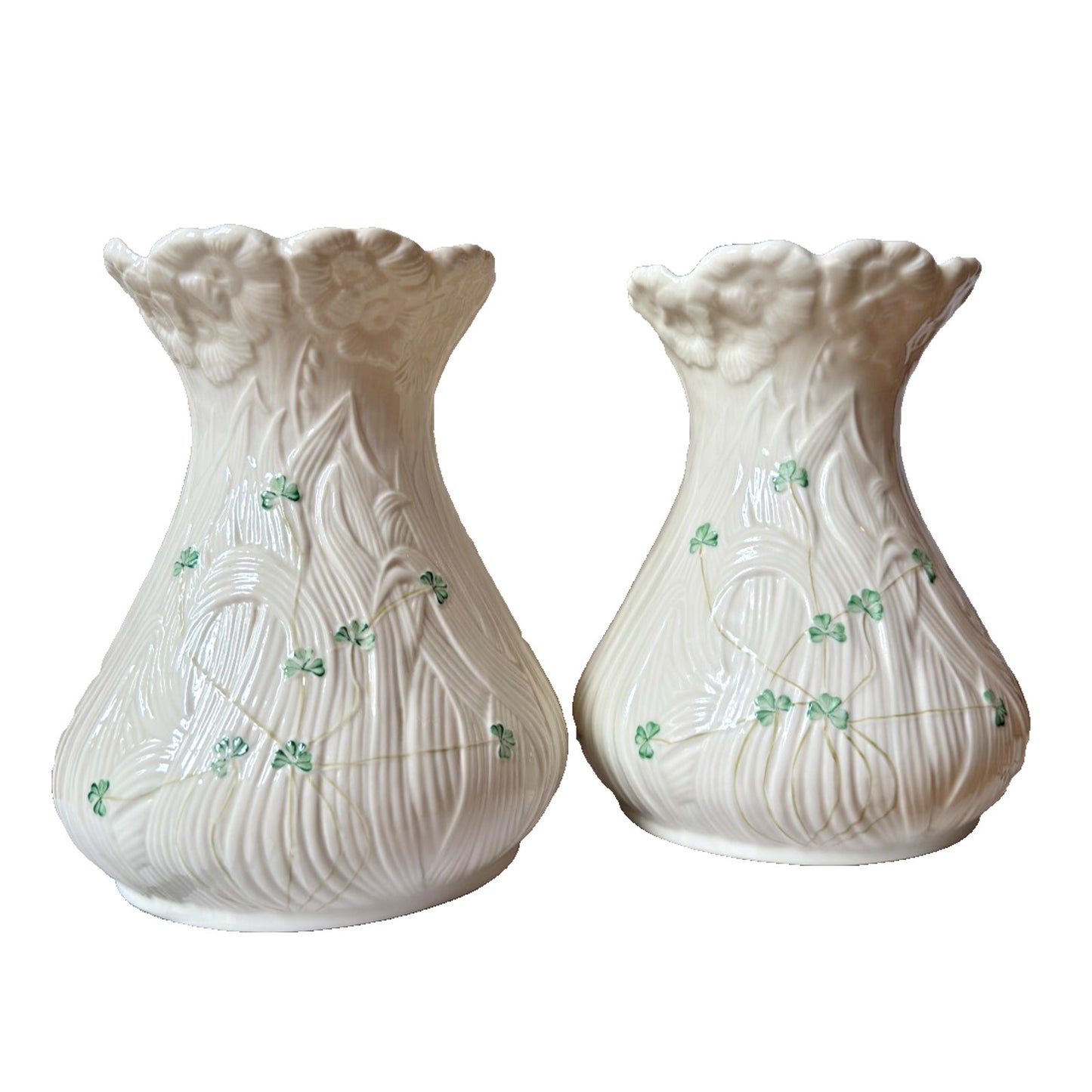 Belleek Shamrock Daisy Matching Set of 2 Vases Blue 8th Mark Irish Art Pottery