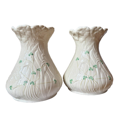 Belleek Shamrock Daisy Matching Set of 2 Vases Blue 8th Mark Irish Art Pottery