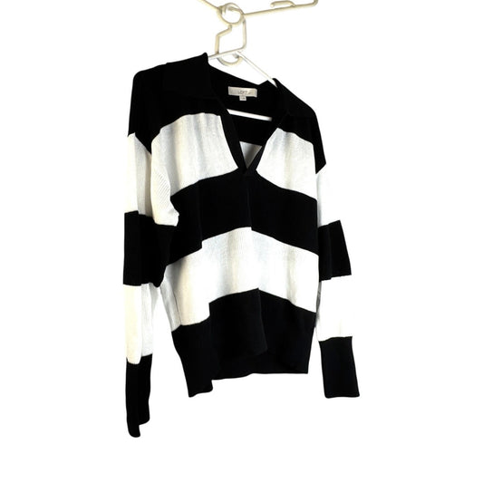 LOFT Women’s Black & White Striped Sweater - Size L, V-Neck, Collar, Relaxed Fit