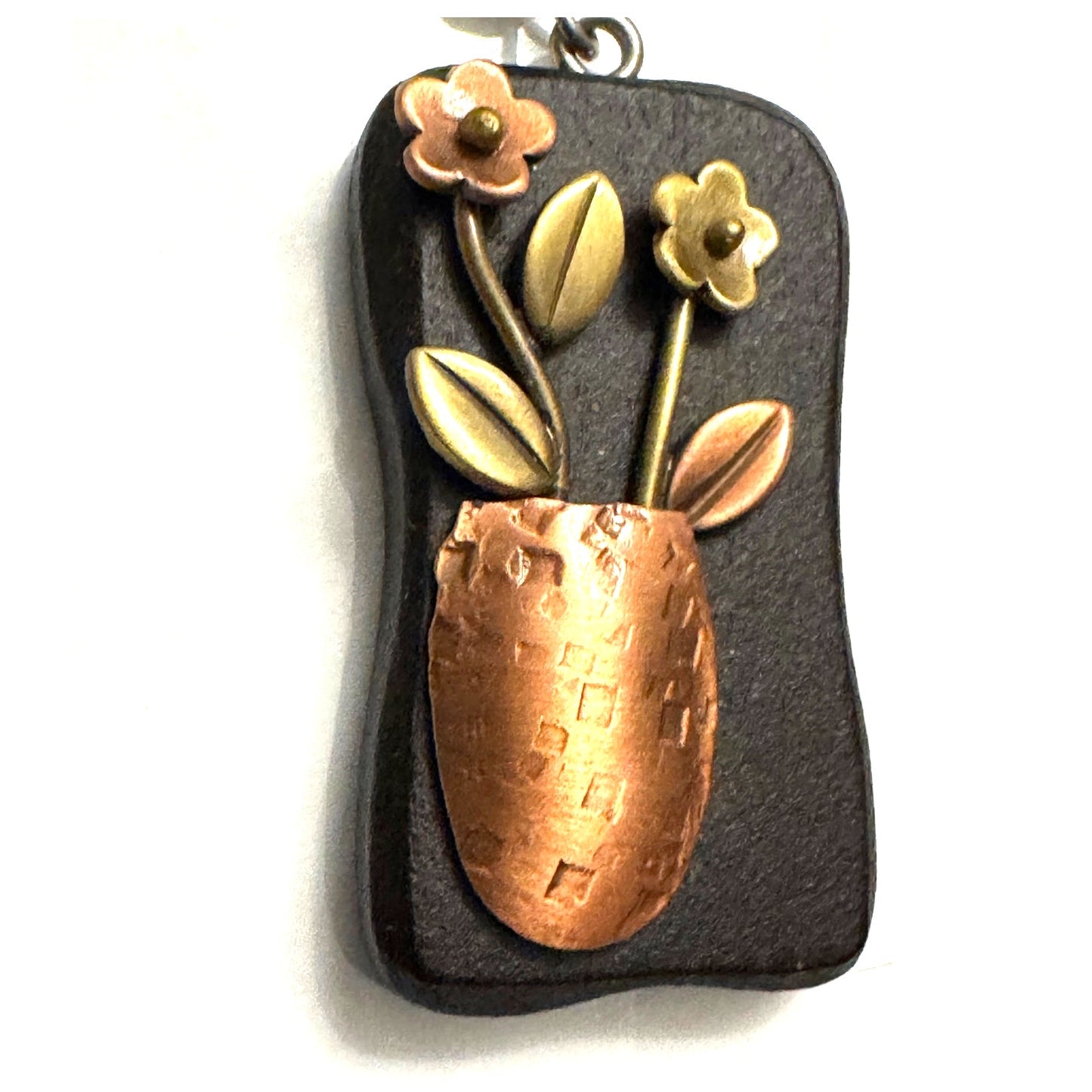 Handcrafted Metal Floral Charm Pendant - Copper Vase & Flowers on Black Pendant