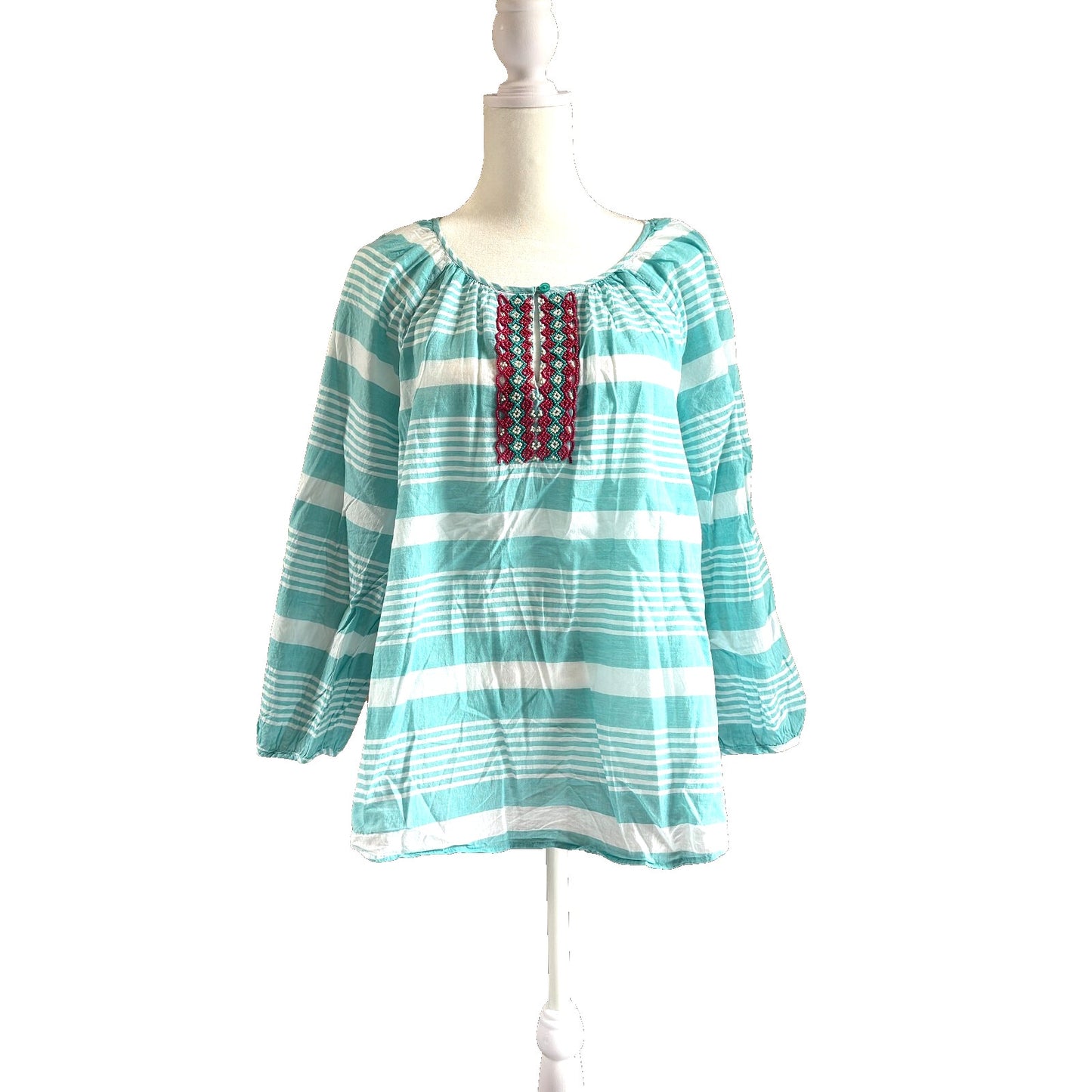Talbots Tunic Top 100% Cotton Womens Size X Aqua White Stripe Beaded Summer UC
