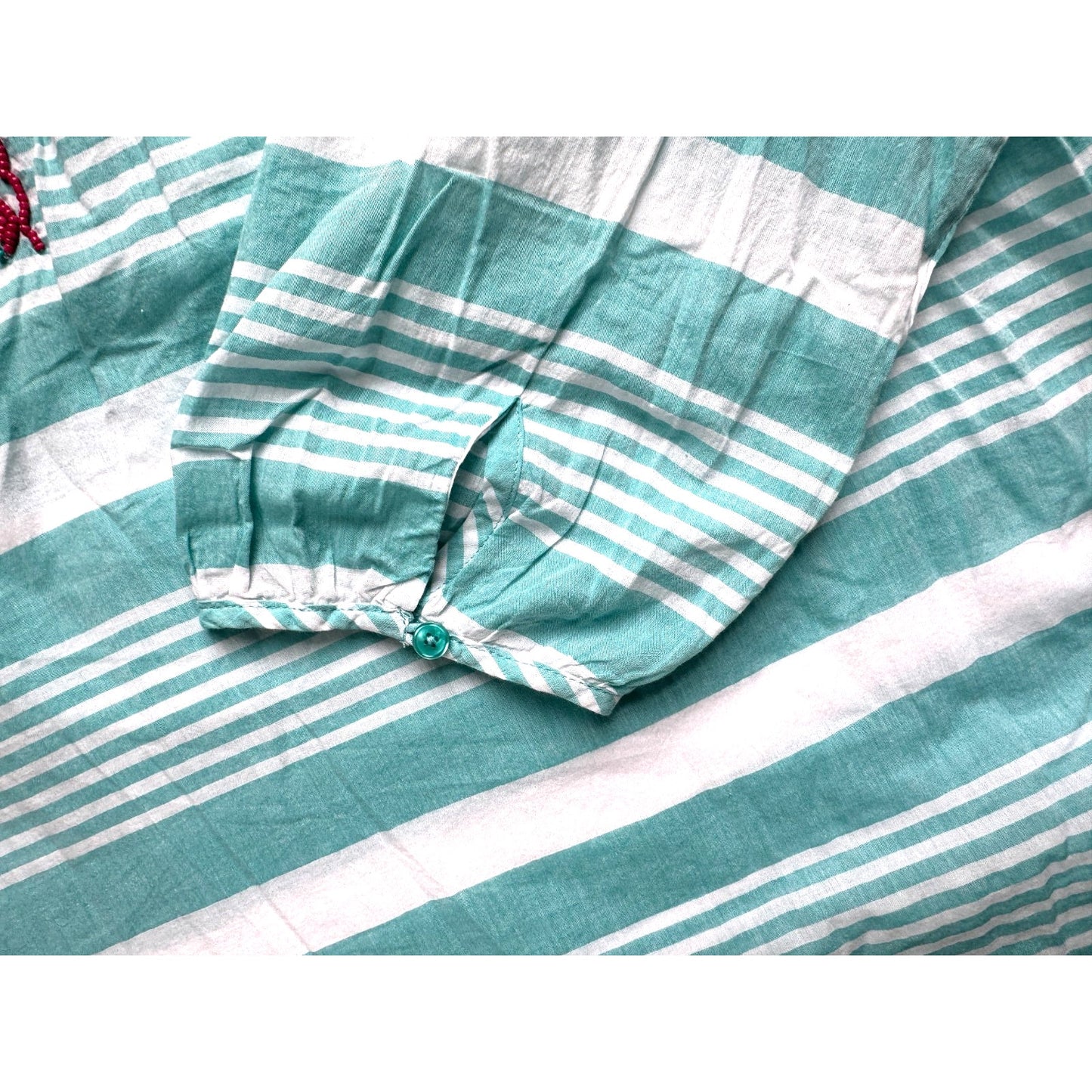 Talbots Tunic Top 100% Cotton Womens Size X Aqua White Stripe Beaded Summer UC