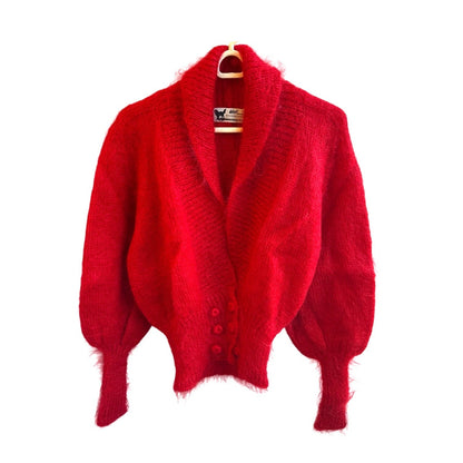 Vintage Red Mohair Wool Hand-Knit Cardigan Sweater Shawl Collar Womens Small Med