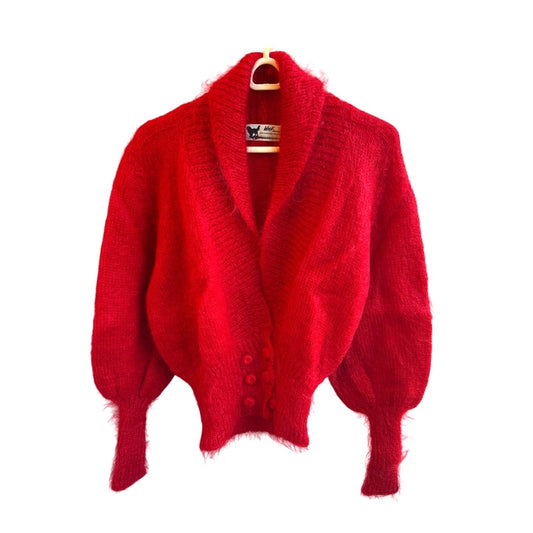 Vintage Red Mohair Wool Hand-Knit Cardigan Sweater Shawl Collar Womens Small Med
