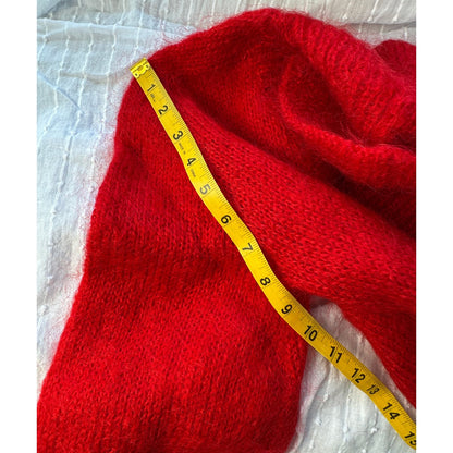 Vintage Red Mohair Wool Hand-Knit Cardigan Sweater Shawl Collar Womens Small Med
