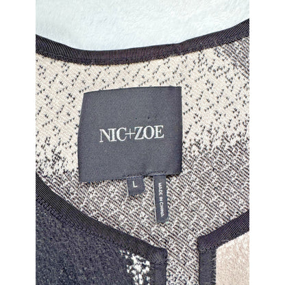Nic+Zoe Long Open Front Cardigan Womens Size L Arty Black White Green 3/4 Sleeve