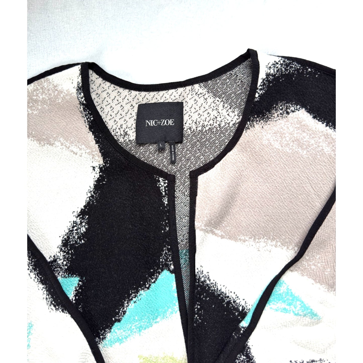 Nic+Zoe Long Open Front Cardigan Womens Size L Arty Black White Green 3/4 Sleeve