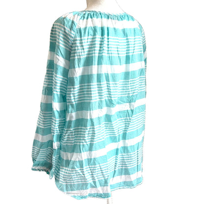 Talbots Tunic Top 100% Cotton Womens Size X Aqua White Stripe Beaded Summer UC