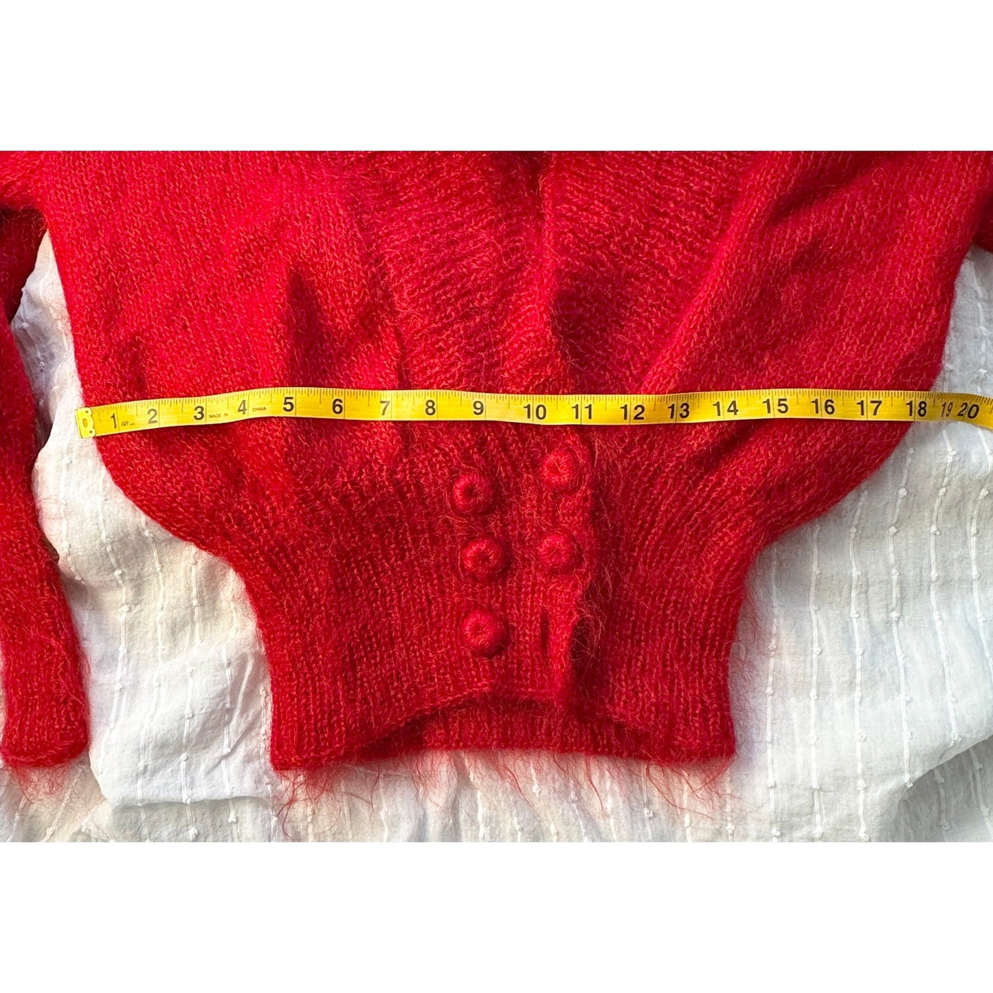 Vintage Red Mohair Wool Hand-Knit Cardigan Sweater Shawl Collar Womens Small Med