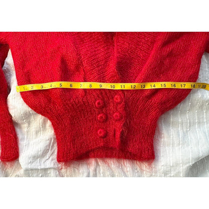 Vintage Red Mohair Wool Hand-Knit Cardigan Sweater Shawl Collar Womens Small Med