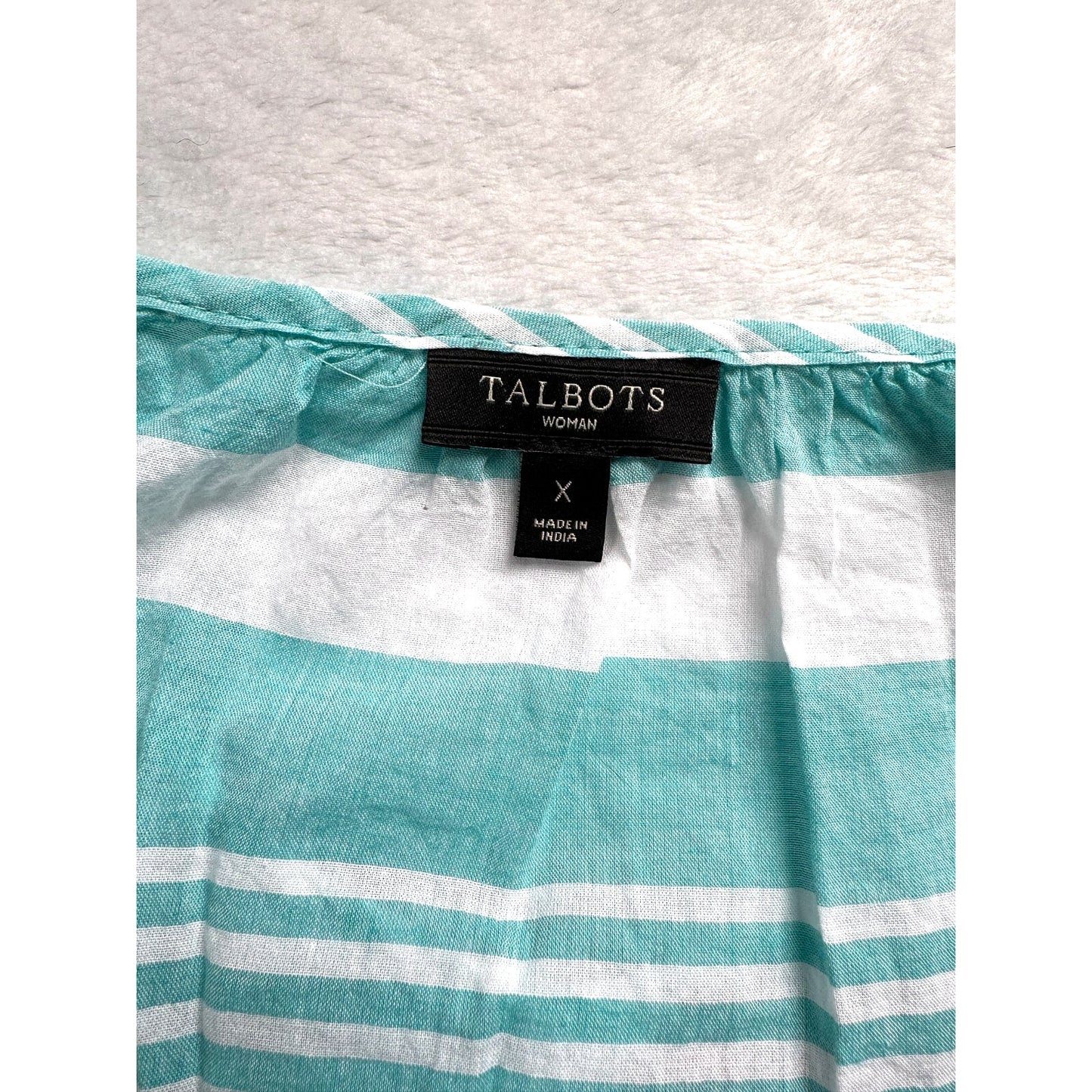 Talbots Tunic Top 100% Cotton Womens Size X Aqua White Stripe Beaded Summer UC