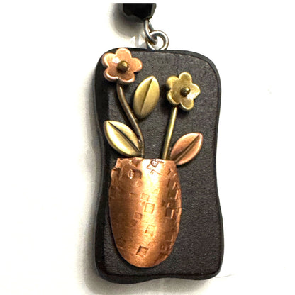 Handcrafted Metal Floral Charm Pendant - Copper Vase & Flowers on Black Pendant