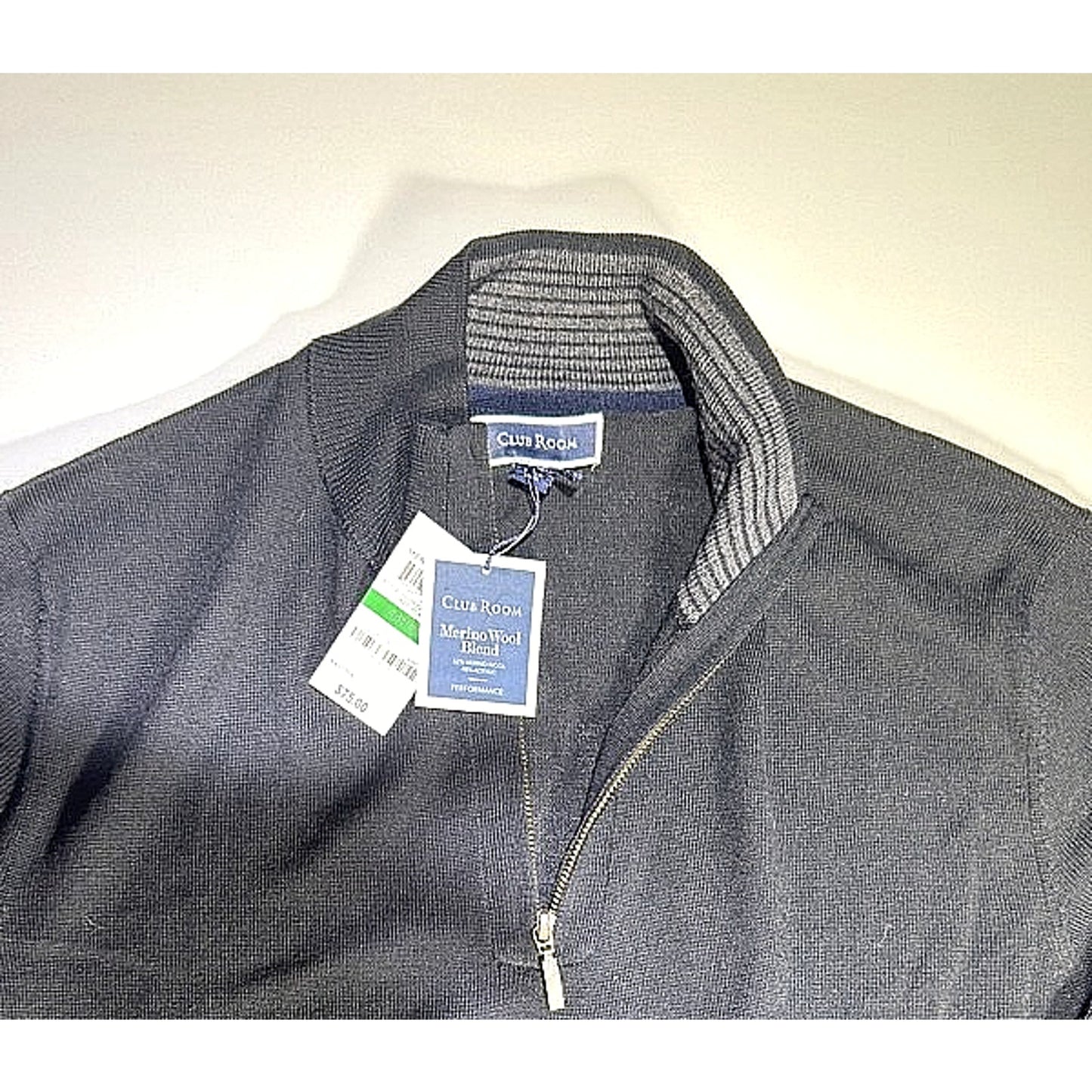 Men's Light Knit Sweater Half Zip Collar Black Size L Club Merino Wool Blend NWT