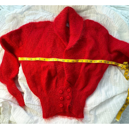 Vintage Red Mohair Wool Hand-Knit Cardigan Sweater Shawl Collar Womens Small Med
