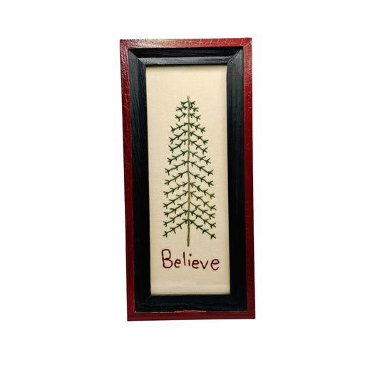 Framed Rustic Wall Art - Tree Believe - Handmade Wool Felt Embroidery