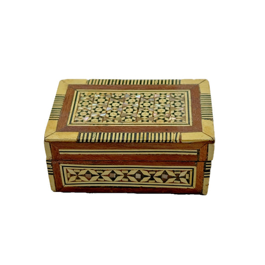 Vintage Wooden Marquetry Trinket Box Mother of Pearl Inlay Moroccan Design Small