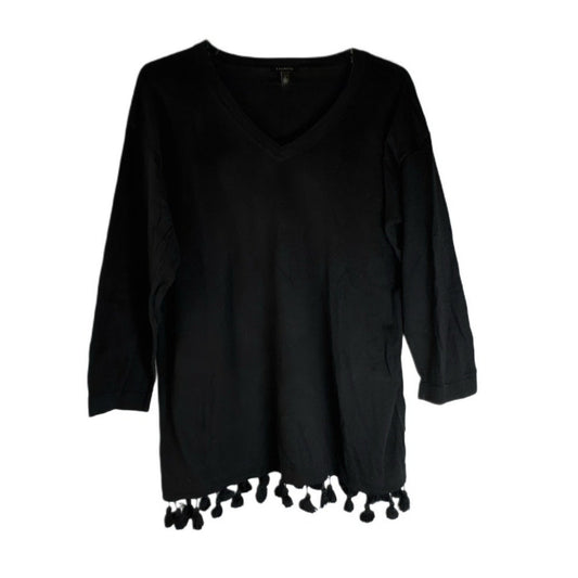 Talbots Black V-Neck Tunic Top Women’s Large 3/4 Sleeve Tassel Trim Hem