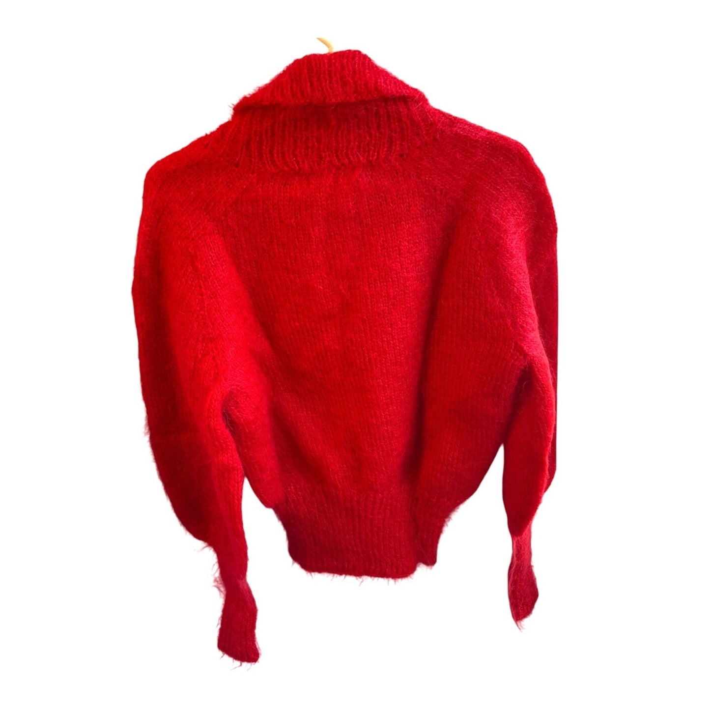 Vintage Red Mohair Wool Hand-Knit Cardigan Sweater Shawl Collar Womens Small Med