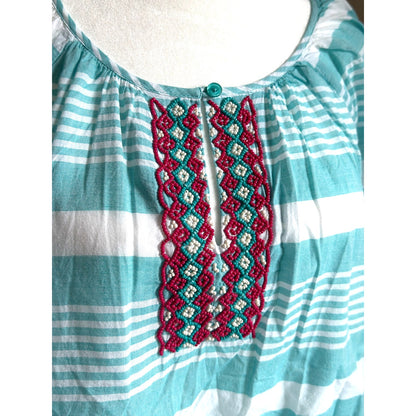 Talbots Tunic Top 100% Cotton Womens Size X Aqua White Stripe Beaded Summer UC