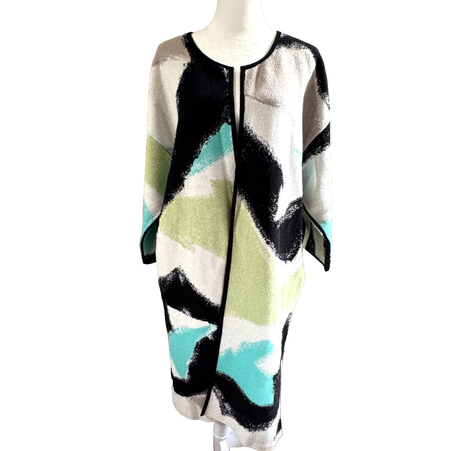 Nic+Zoe Long Open Front Cardigan Womens Size L Arty Black White Green 3/4 Sleeve
