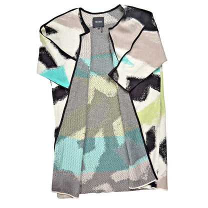 Nic+Zoe Long Open Front Cardigan Womens Size L Arty Black White Green 3/4 Sleeve