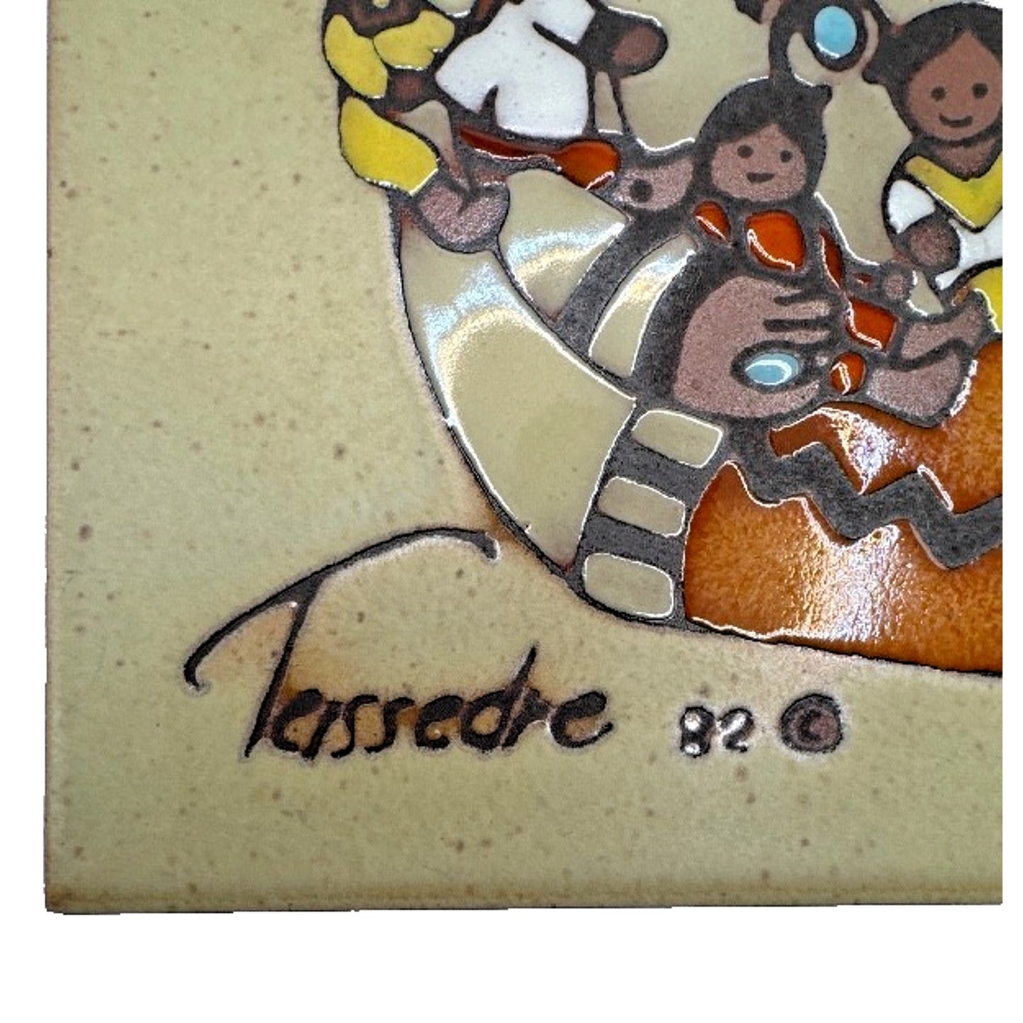 VTG 1984 Cleo Teissedre Hand Painted Ceramic Art Tile 6" x 6" , Storyteller Doll