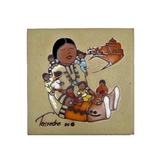 VTG 1984 Cleo Teissedre Hand Painted Ceramic Art Tile 6" x 6" , Storyteller Doll