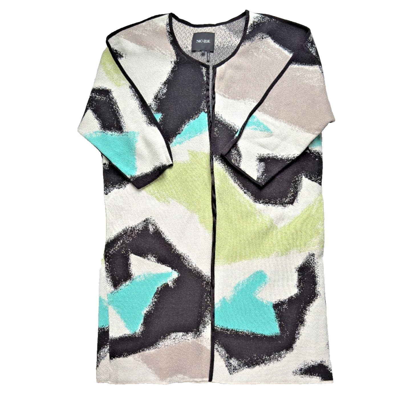 Nic+Zoe Long Open Front Cardigan Womens Size L Arty Black White Green 3/4 Sleeve