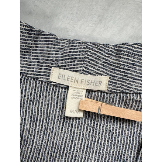 Eileen Fisher Linen V Neck Top Womens MM in Blue White w Long Sleeves Side Slit
