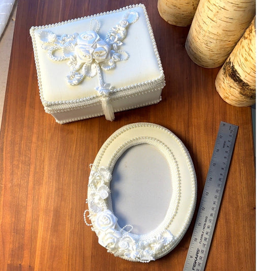 Vintage Wedding Keepsake Ivory Memory Box & Beaded Picture Frame by Savoir Vivre