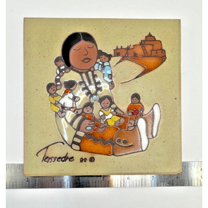 VTG 1984 Cleo Teissedre Hand Painted Ceramic Art Tile 6" x 6" , Storyteller Doll